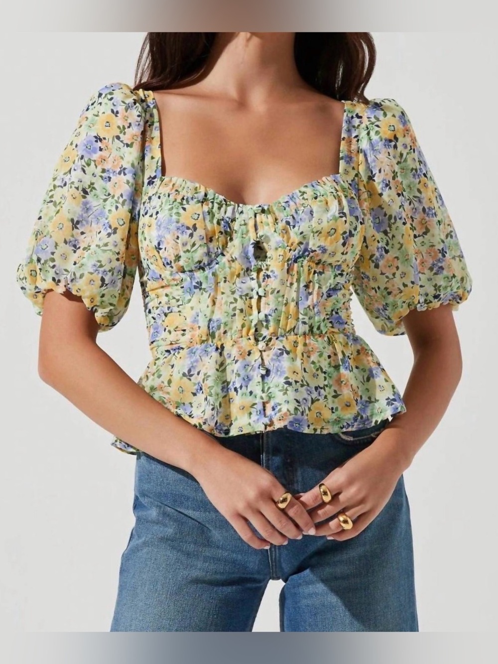 ASTR the label Clairmont Floral Peplum Puff Sleeve Crop Top
